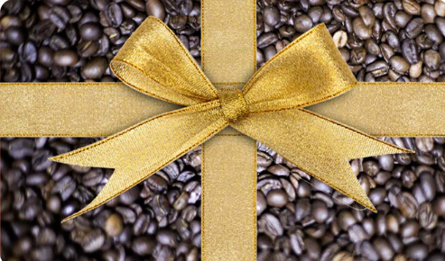 image d'une carte cadeau représentant des grains de cafés torréfiés et un noeud doré